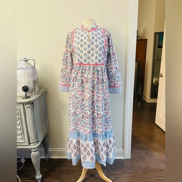 MADISON MATHEWS CHARLESTON DUTCH BLUE FLORAL LINED MAXI RUFFLE DRESS - Picture 4 of 12